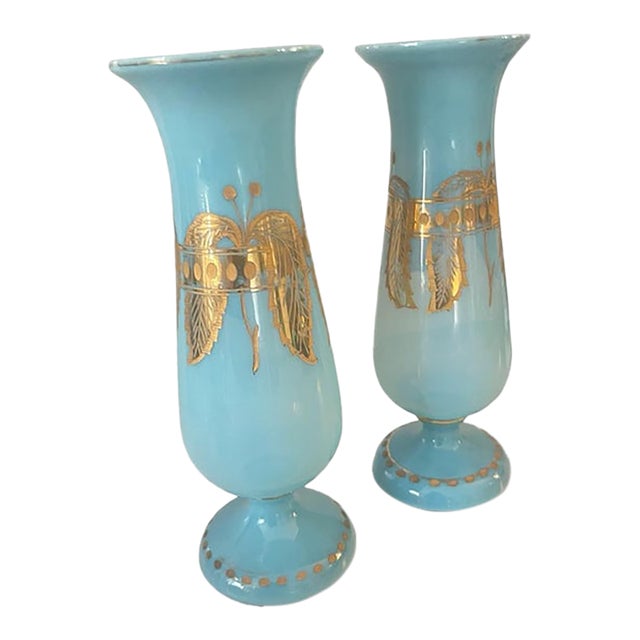 19th Century French Blue Opaline Glass 8.5" Trumpet Vases With Gold Gilt - A Pair For Sale