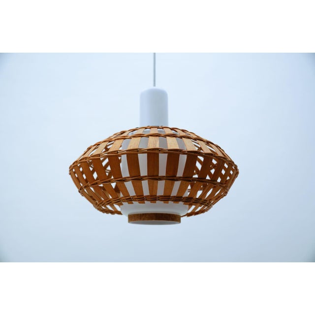 1960s Opaline Glass and Wicker Ceiling Lamp, 1960s For Sale - Image 5 of 11