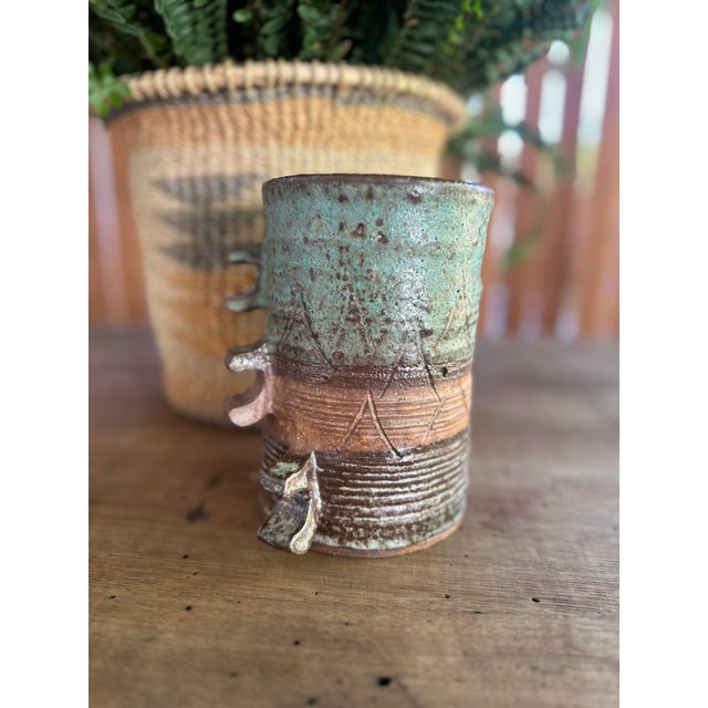 Handbuilt Textured Ceramic Vase: Green Brown Glaze Studio Pottery Sculpture For Sale - Image 4 of 12