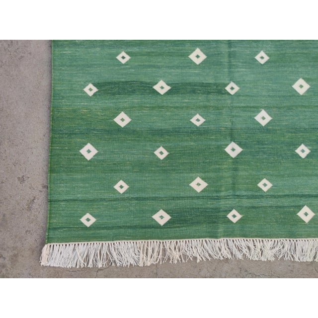 Forest Green Handmade Cotton Rug, Forest Green with White Diamonds and Cream Fringe - 10'x14' For Sale - Image 8 of 10