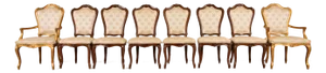 Karges French Provincial Louis XV Carved Walnut and Gold Gilt Dining Chairs, Set of Eight