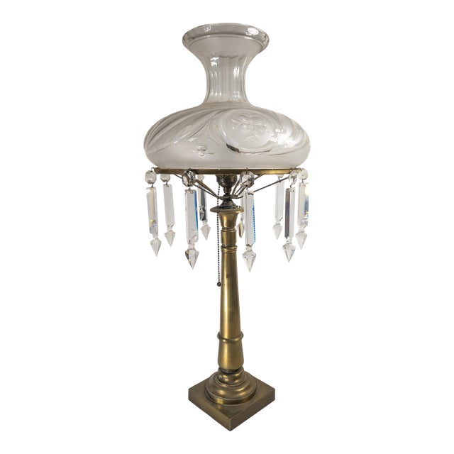 19th Century American Victorian Brass Astral Lamp With Frosted Glass Shade For Sale