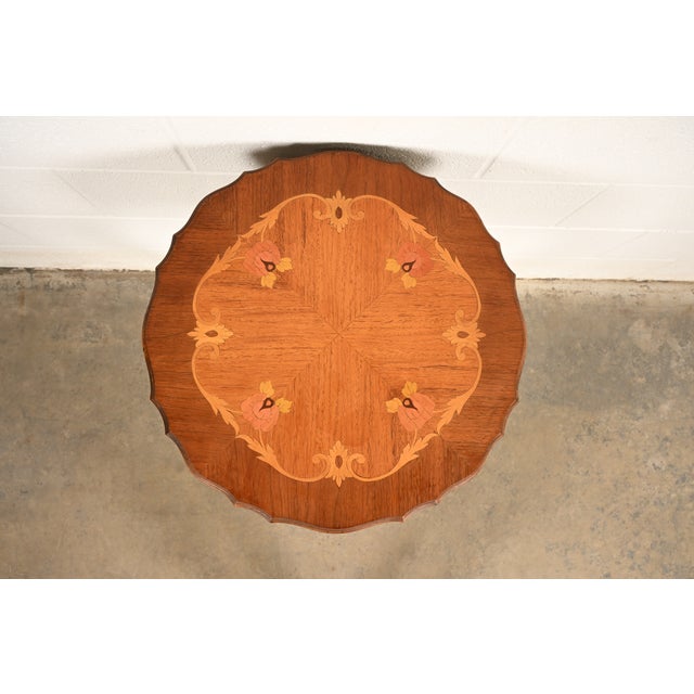 1930s Romweber Style French Provincial Louis XV Carved Walnut and Satinwood Inlaid Marquetry Side Table, Circa 1930s For Sale - Image 5 of 14