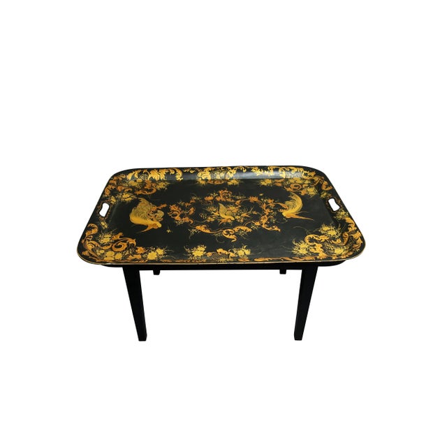 Early 20th Century Tole Tray Coffee Table in Gold and Black with Bird Decoration For Sale In Boston - Image 6 of 18