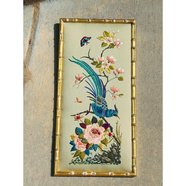 Chinoiserie Vintage Chinoiserie Embroidered Silk Panel in Faux Bamboo Frame For Sale - Image 3 of 12