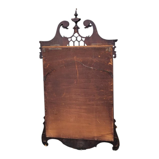 Brown Antique 1920s Chippendale Carved Mahogany Wall Mirror Pediment Crest Mirror For Sale - Image 8 of 16