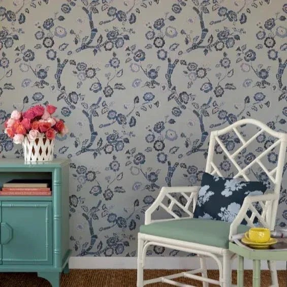 A sample of Temple Garden Sky Blue Wallpaper Care Instructions: Wipe with damp cloth.