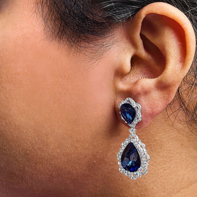 18K White Gold Blue Sapphire and Diamond 2.00 Cttw Diamond Halo Drop and Dangle Earring (G-H Color, For Sale - Image 4 of 5