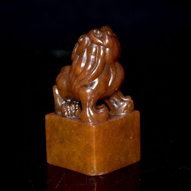 1960s Carved Stone Seal Figurine With Mythical Beast Finial — Square Base, Hand-Finished For Sale - Image 9 of 9