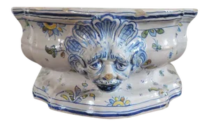 19th Century Rouen Delft French Faience Tin Glazed with Lion Mask Handle Centerpiece Plateau Bowl