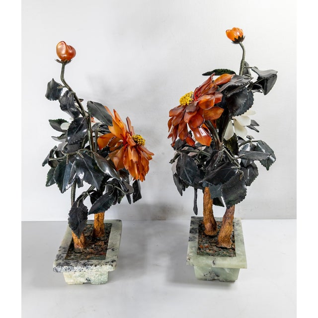 20th Century Chinese Chinoiserie Pair of Jade Trees With Nephrite, Carnelian and Rose Quartz For Sale - Image 9 of 18
