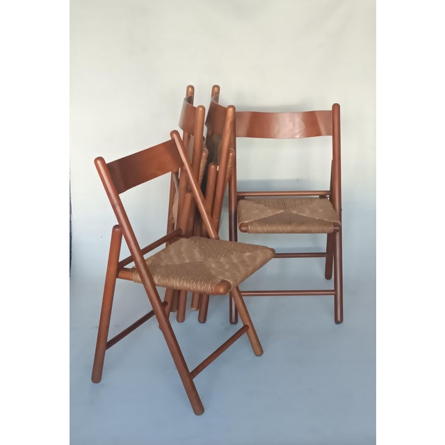 Wooden and Rush Folding Chairs, 1980s, Set of 4, in Good conditions. Designed 1980 to 1989