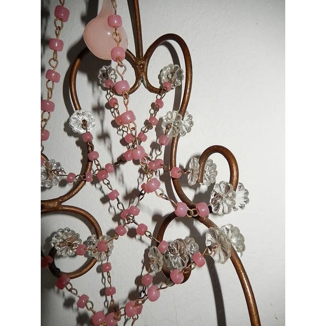 French 1920s French Pink Opaline Drops With Beads and Crystal Sconces - a Pair For Sale - Image 3 of 12