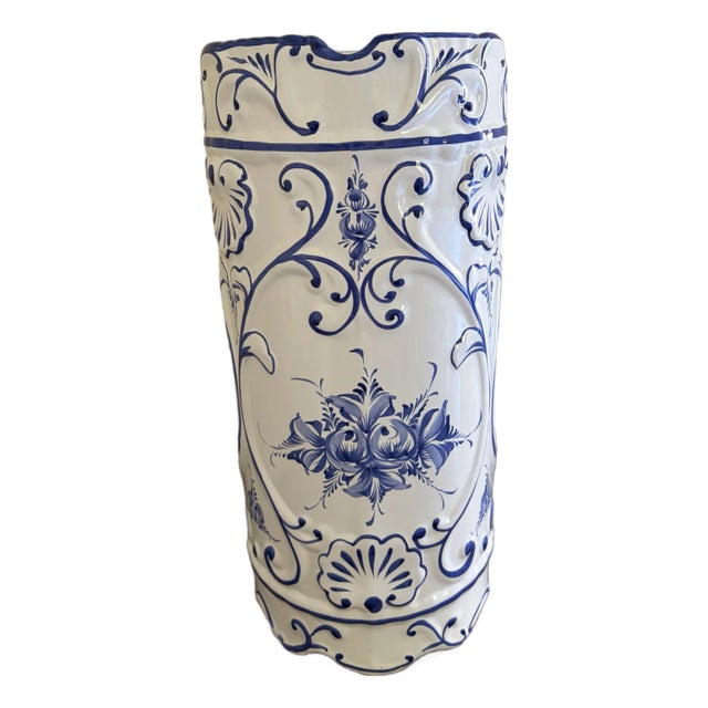 1980s Portuguese Blue & White Delft-Style Porcelain Umbrella Stand For Sale
