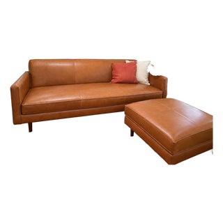 West Elm Axel Leather Sofa + Matching Ottoman For Sale