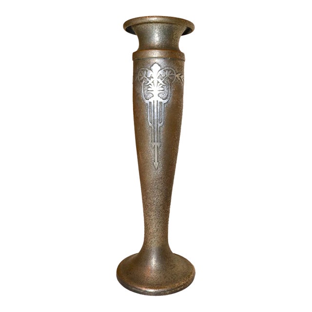 Quality Antique Art Deco Sterling Silver Silver Crest Bronze Ornate Tall Vase For Sale