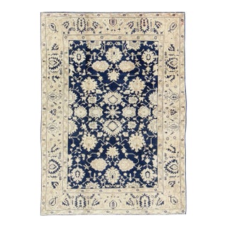 Turkish Oushak Rug With Floral Design in Dark Blue, Cream and Light Brown For Sale