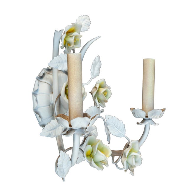 Mid 20th Century Mid 20th Century Electrified Wall Sconces With Ceramic Flowers & Metal Leaves; A Pair For Sale - Image 5 of 11