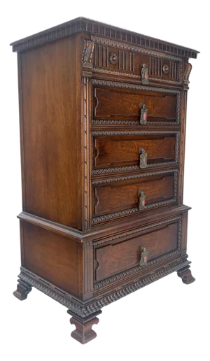 Fine Ornate Carved Oak 5 Drawers Bracket Feet Decorative Chest c1900s MINT
