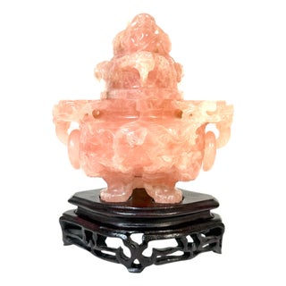 20th C. Chinese Carved Rose Quartz Archaistic Censer with Guardian Lion Finial For Sale