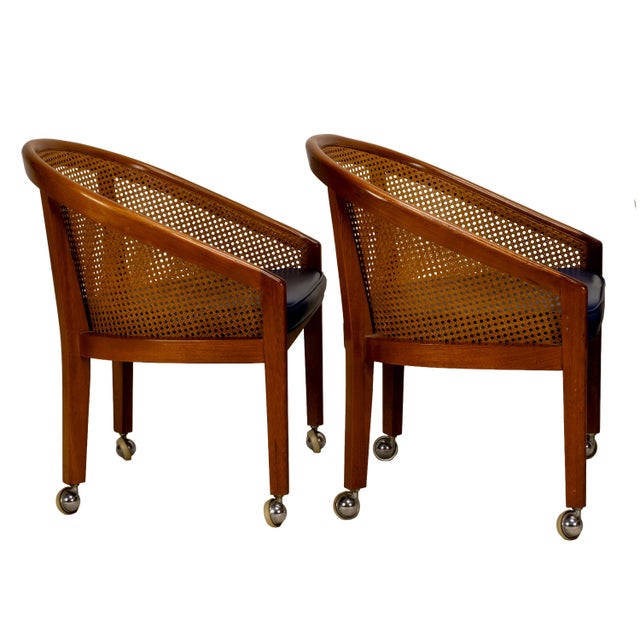 Brown 1970s Set of 4 Bent Oak & Cane Tub Chairs on Casters W/ Royal Blue Cushions in the Manner of Ward Bennett For Sale - Image 8 of 18