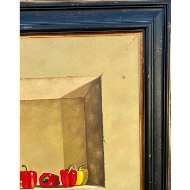 Rene Chavelle, Large Trompe L'oeil Oil Painting Rene Chavelle Belgian Photo Realist Peppers, c.1980's For Sale - Image 13 of 15