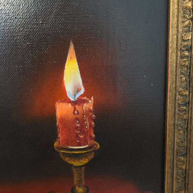 Mid-20th Century Candlelit Rose Still Life Oil Painting Signed Ruschè For Sale - Image 9 of 18