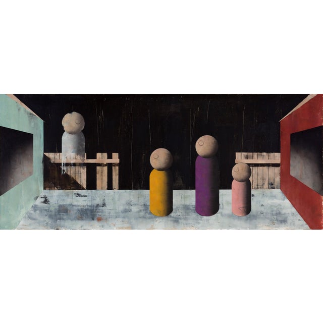 In "We Saw a Ghost," a group of simplified, stylized figures stands in a dimly lit space, evoking a sense of mystery and...