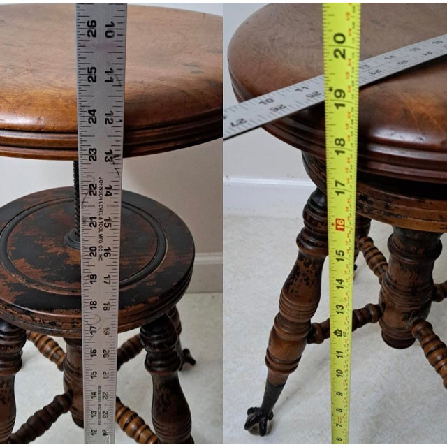 Late Victorian Adjustable Piano Stool With Glass Ball & Claw Feet, Circa 1880-1900 For Sale - Image 14 of 15