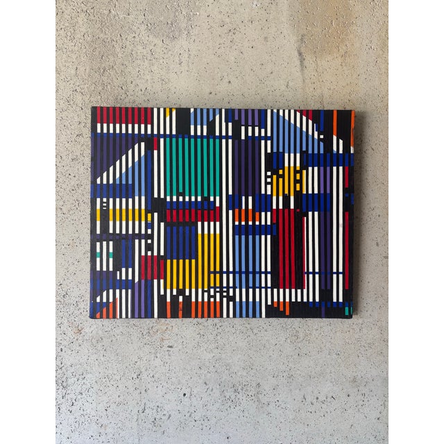 Vintage original geometric abstract painting titled A Tribute to Agam. Featuring a complex linear composition with bold...