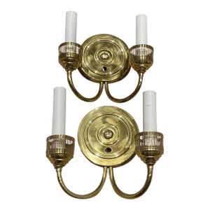 Antique Pair of Classic Double-Arm Wall Sconces Polished Brass Finish Transition