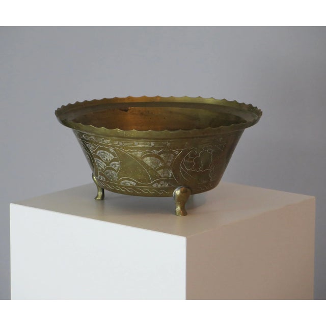 Large Chinese Antique Etched Brass Bowl For Sale - Image 4 of 7