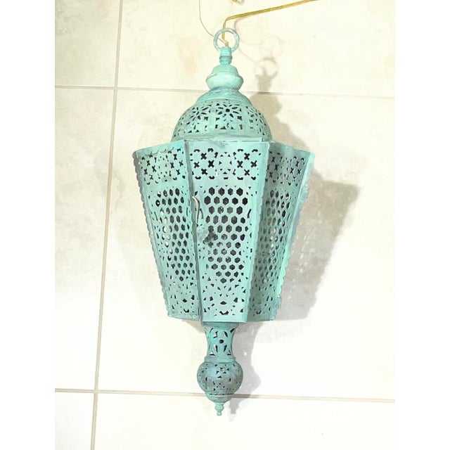 1930s Antique Moroccan Verdigris Copper Lantern – Hand-Pierced Openwork For Sale - Image 5 of 16