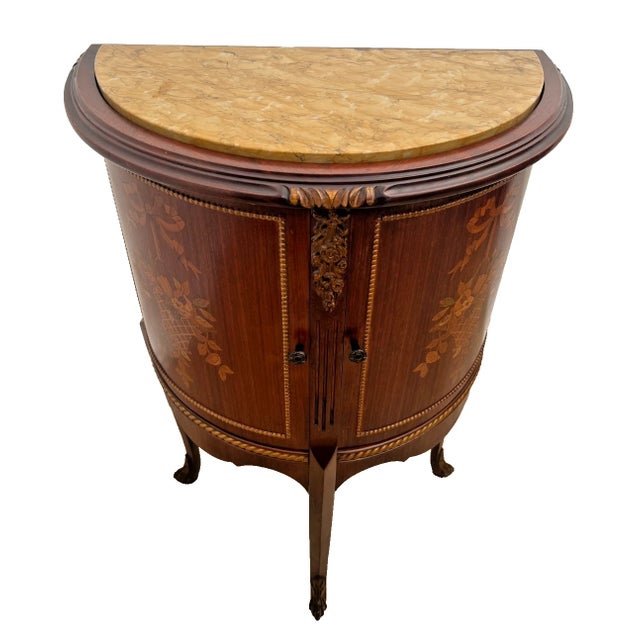Gorgeous French Louis Revival Demilune Cabinet with Shelf, Marble Top, Floral Marquetry. 22" Wide X 12" Deep X 33" Tall. “...