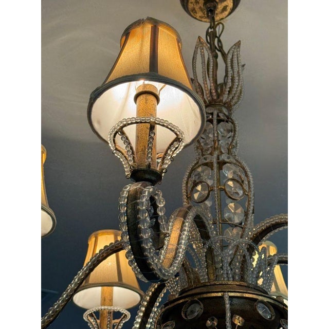 Vintage 1960s Regency Six Arm Chandelier With Gilt Iron and Crystal Beads For Sale - Image 11 of 13