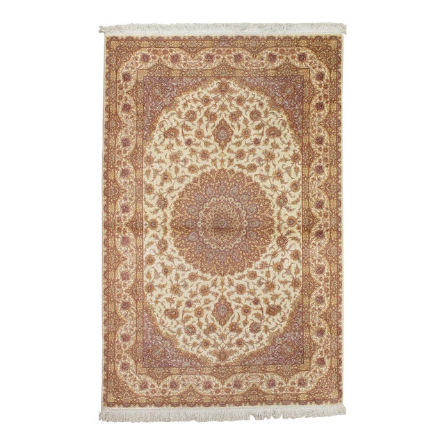 Rare Finely Woven Persian Silk Qum, Handmade Oriental Rug, Soft Ivory For Sale