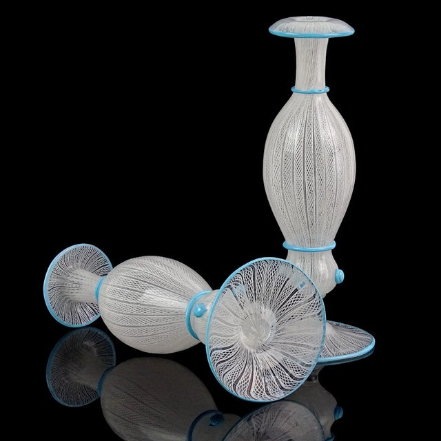 Antique Murano White Zanfirico Ribbons Sky Blue Detals Italian Art Glass Footed Flower Vase For Sale - Image 9 of 9