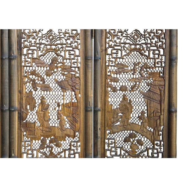 Vintage Finish Openwork Figural 4 Panels Wood Floor Screen Room Divider For Sale In San Francisco - Image 6 of 13