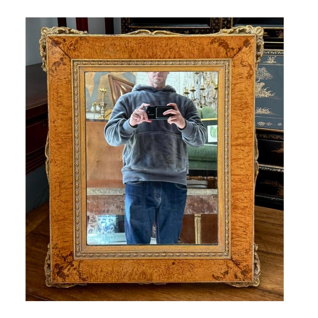 Antique Burl Walnut & Giltwood Table Mirror With a Custom Made Easel Black.