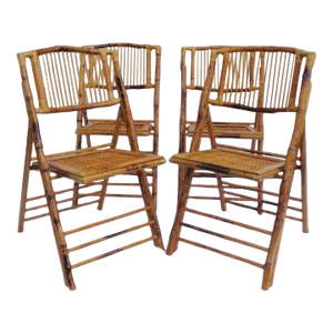 Vintage English Burnished Bamboo Tortoiseshell Design, Folding Accent/Side Chairs - Set of 4