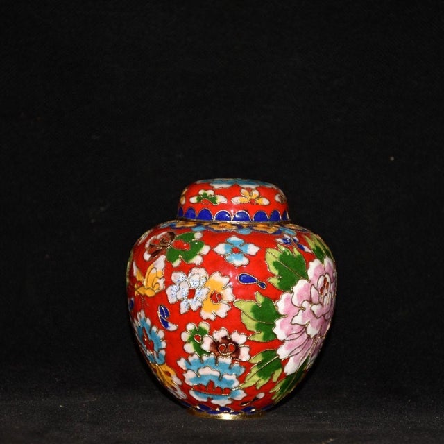 Cloisonné Enamel Small Melon Ginger Jar With Peony Motif and Lid For Sale In Los Angeles - Image 6 of 9