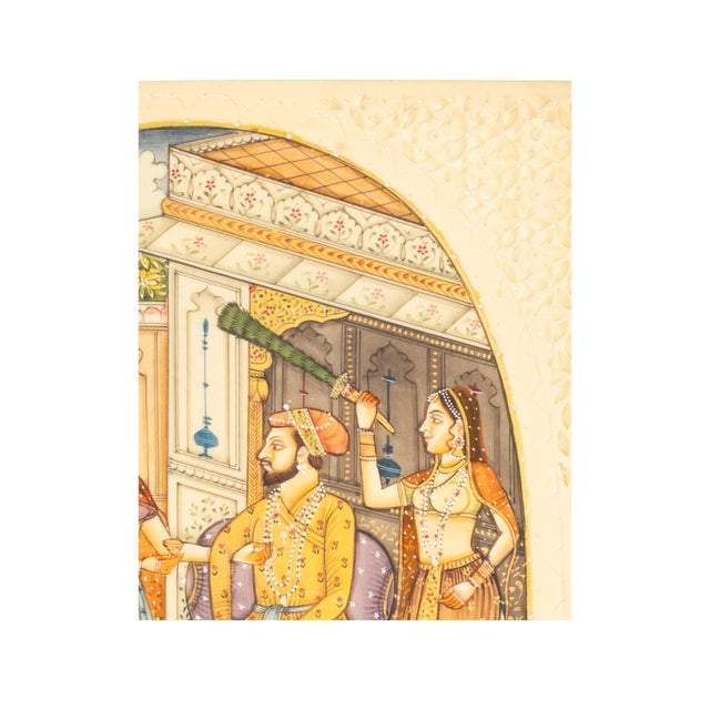 White Antique Indian Mughal Miniature Royal Court Women Shah Watercolor Painting 1900 For Sale - Image 8 of 11