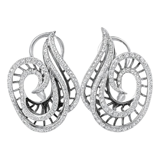 18K White Gold Italian Designer Odelia Diamond Swirl French Clip Earrings For Sale
