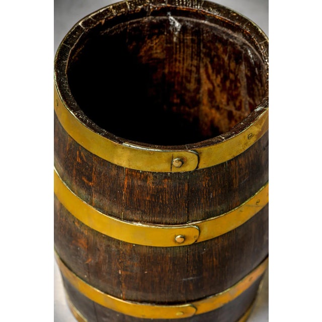 Antique English Dark Oak Barrel With Brass Bands For Sale - Image 9 of 12