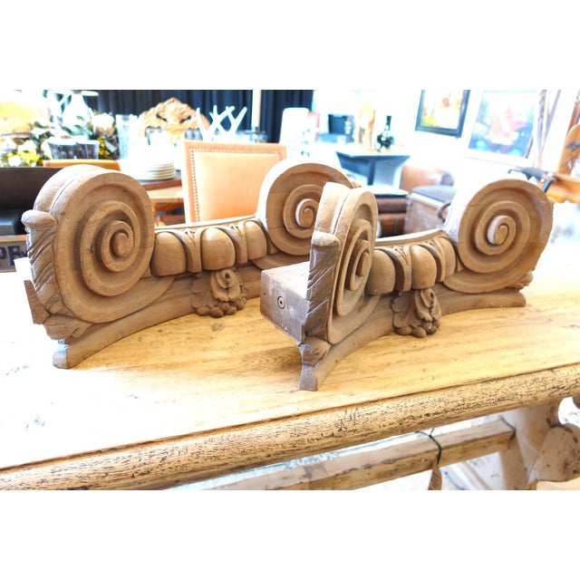 Rustic European Pair of Mid 20th Century Architectural Salvage Wooden Ionic Column Capitals For Sale - Image 3 of 6