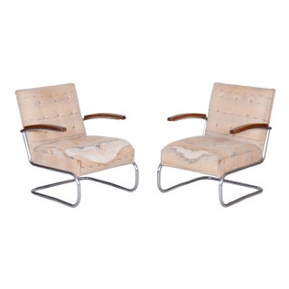 Czech Bauhaus Armchairs and Stool in Beech and Chrome in Steel, 1920s, Set of 3 For Sale