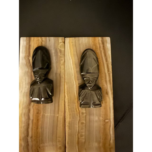 Gemstone Vintage Heavy Onyx Bookends 7” Aztec Mayan Style Figural Busts Carved Stone Art Deco For Sale - Image 7 of 11
