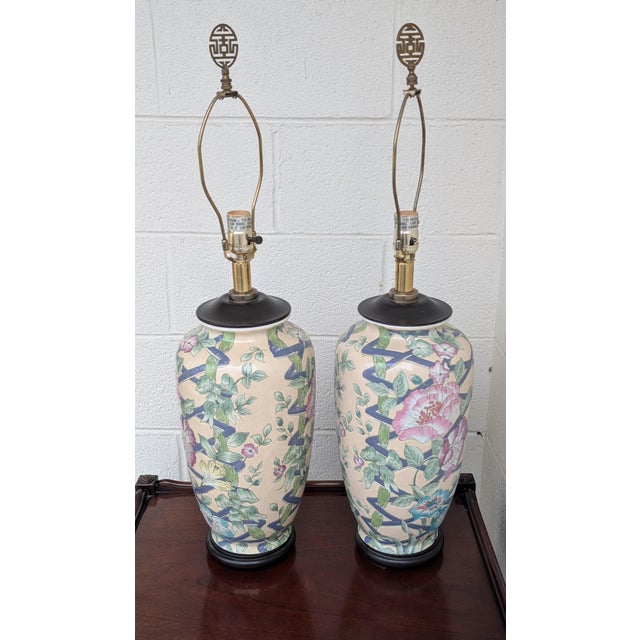 Asian Vintage Ginger Jar Hand Painted Asian Porcelain With Peonies Design Table Lamp - a Pair For Sale - Image 3 of 7