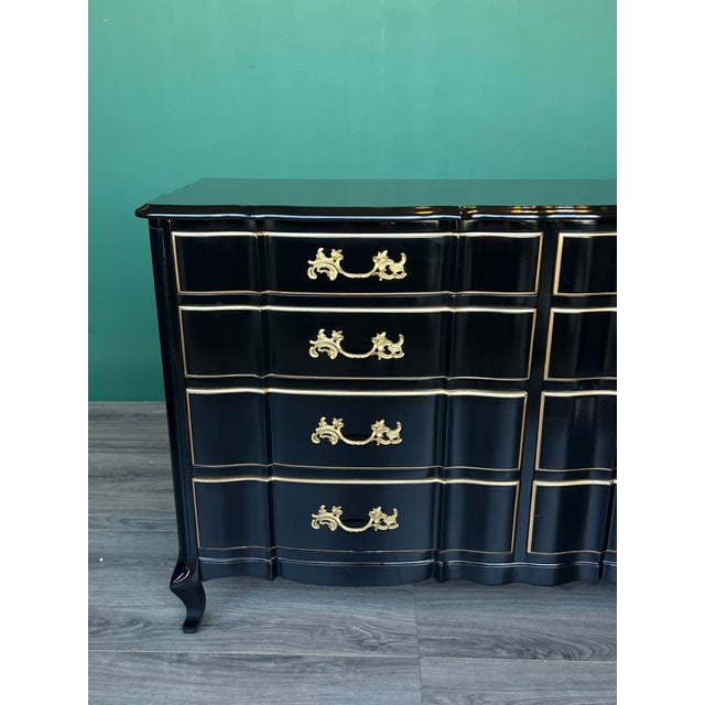 Wood 1970's High Gloss Black Lacquered French Provincial Dresser of Nine Drawers For Sale - Image 7 of 16