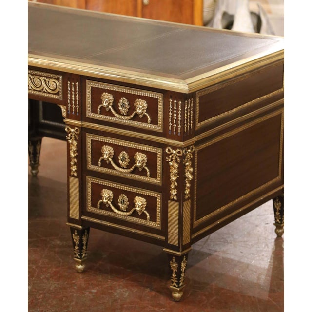 19th Century French Louis XVI Mahogany, Bronze & Leather-Top Partner Desk For Sale - Image 12 of 15